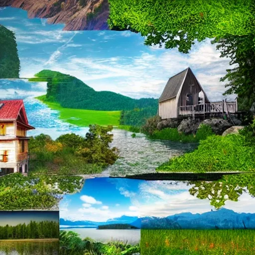 A landscape collage, The landscape includes mountains, water, houses, boats, clouds, bridges and more in a conceptual fantasy style, like a small house in the forest, a tree house and other feelings.