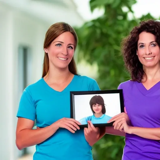 Two physical therapists leaning back to back, holding a picture frame, logo, 8k, character design