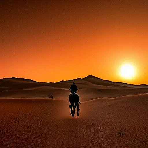 A man riding a horse through the desert, with the sun setting on the horizon in the background