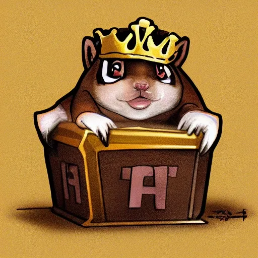 digital painting of a fat chipmunk with a crown on it’s head, sitting in an empty treasure chest, looking in disbelief,  Moebius, trending on Artstation