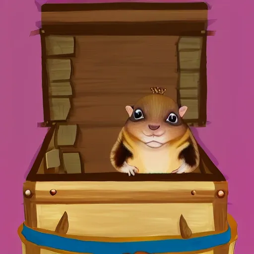 digital painting of a fat chipmunk with a crown on it’s head, sitting in an empty treasure chest, looking in disbelief,  Cartoon