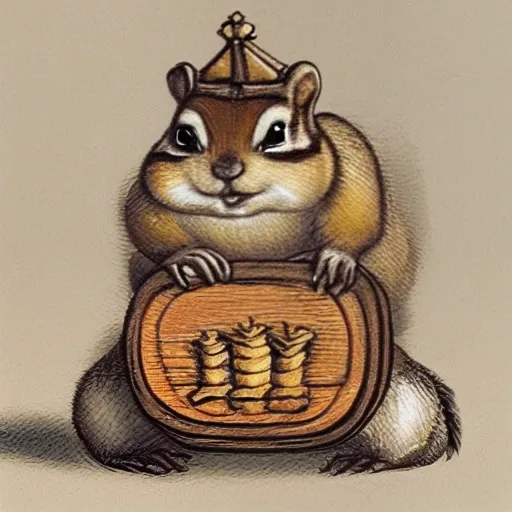 fat chipmunk with a crown on it’s head, sitting in an empty treasure chest, looking in disbelief, 3D