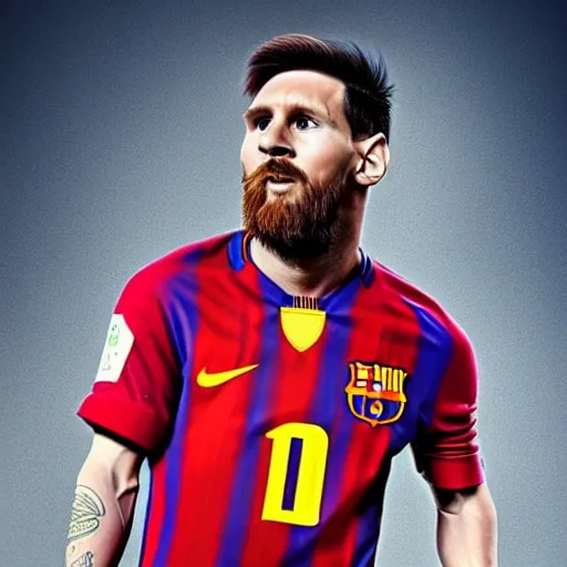 an absolute handsome messi ai portrait with cam nou of barclona in the background, those realistic messi beard and moustache