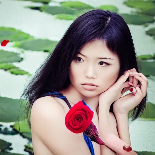 Analogue style, young girl, Asian photo model, sideways, she is looking away, face parts, face details like eyes, lips etc, Garden background, wavy long black hair, holding a red rose，Stand by the pool,Mirror reflection in wateraward winning studio photography, professional colour grading, soft shadows, no contrast, clean sharp focus, , Cartoon, Water Color
