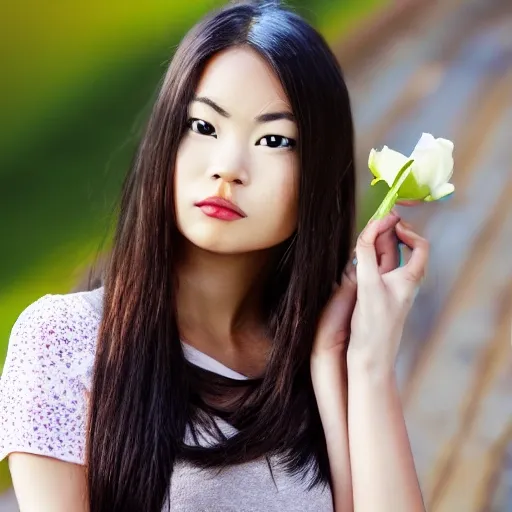 Analogue style, young girl, Asian photo model, sideways, she is looking away, face parts, face details like eyes, lips etc, Garden background, wavy long black hair, holding a red rose，Stand by the pool,The figure has a clear reflection in the water, winning studio photography, professional colour grading, soft shadows, no contrast, clean sharp focus, ,, Cartoon, 3D