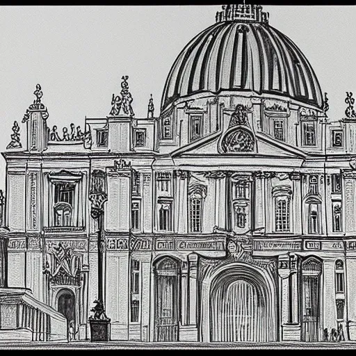  A realistic black and white line drawing of the Vatican, taken from the side