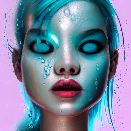 a half body portrait of a woman as made of water, half body submerged in water, at a lake, turquoise hair depicting as waterfall, wet, drops of water on the face and body, natural body posture, rain, Art by Alberto Seveso, symmetrical, abstract artstyle, intricate complex watercolor painting, sharp eyes, digital painting, color explosion, concept art, voluminetric lighting,TanvirTamim, metallic reflections, 2d render, 8k. by artgerm, trending on artstation