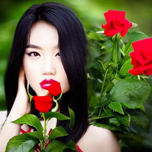 Analogue style, Chinese beauty, Asian photo model, sideways, she is looking away,  Garden background, wavy long black hair, With a red rose in his hand,Stand by the pool,Mirror reflection in wateraward,face parts, face details like eyes, lips etc,winning studio photography, professional colour grading, soft shadows, no contrast, clean sharp focus, 3D
