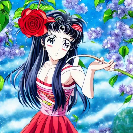 Japanese anime Sailor Moon, sideways, Garden background, wavy long black hair, holding a red rose,Eyes on the rose,Smelling the roses,Stand by the pool,Mirror reflection in wateraward,face parts, face details like eyes, lips etc,winning studio photography, professional colour grading, soft shadows, no contrast, clean sharp focus, Cartoon, Water Color