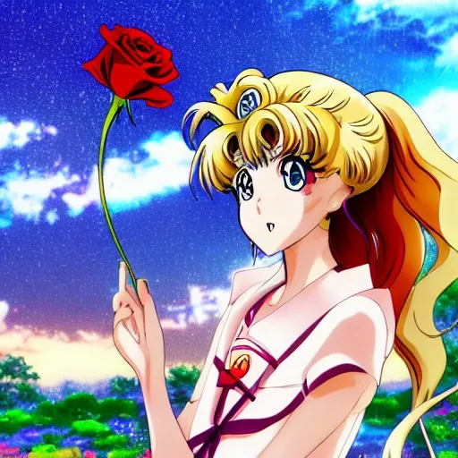 Japanese anime Sailor Moon, sideways, Garden background, wavy long black hair, holding a red rose,Eyes on the rose,Smelling the roses,Stand by the pool,Mirror reflection in wateraward,face parts, face details like eyes, lips etc,winning studio photography, professional colour grading, soft shadows, no contrast, clean sharp focus, Cartoon