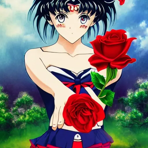 Japanese anime Sailor Moon, sideways, Garden background, wavy long black hair, holding a red rose,Eyes on the rose,Smelling the roses,Stand by the pool,Mirror reflection in wateraward,face parts, face details like eyes, lips etc,winning studio photography, professional colour grading, soft shadows, no contrast, clean sharp focus, Cartoon, Oil Painting