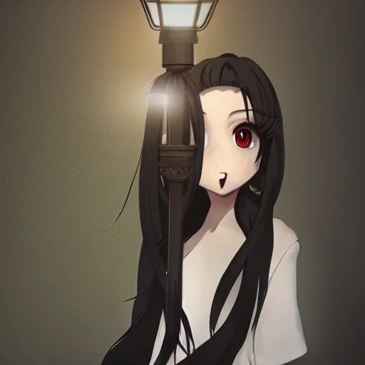 pretty girl face, long black hair, tall skinny full body, standing under lamppost, detailed, Anime, Glamor Shot, Beautiful Lighting,with a short man ，Artstation --ar 1:2, 3D