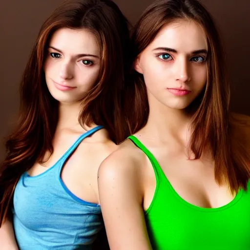professional photo of two beautiful young woman, age 20, Russian，orgasm，model face，Refined Eyes，in bed，（beautiful eyes：1.2）, gorgeous beauty, white skin, symmetrical face, （wear green yoga tank top：1.5), brown hair, cinematic lighting, highly detailed, intricate, sharp focus, Beautiful Lighting, Lonely，hide hands:2，full body, Photo