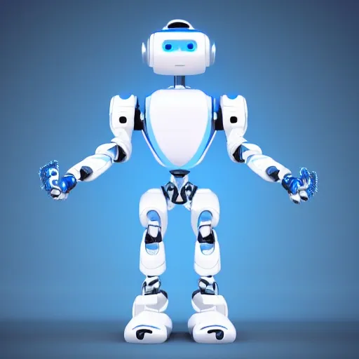 Animated robot with white and blue gradients that is facing forw ...