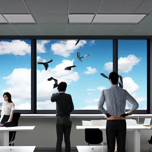 team working in an office, realistic, best quality, window with some clouds in the sky, digital board