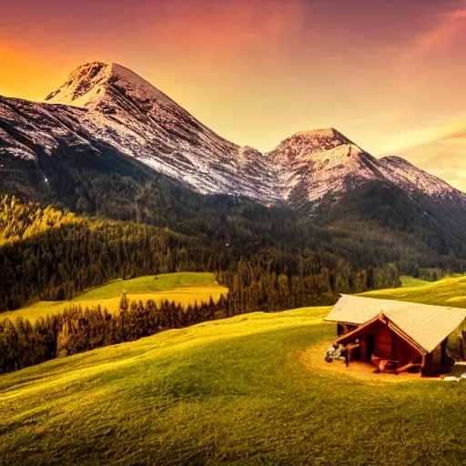 Mountain landscape, a breathtaking view of snow-capped mountains with lush green valleys, set during a vibrant sunrise casting golden hues, a realistic photograph, small lodge in front of the picture