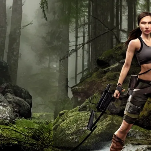 girl looking like Lara croft, fighting with a bear