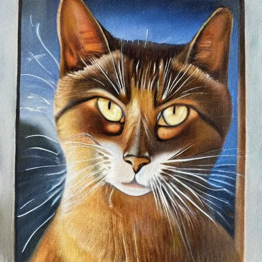 gato delante de un escitorio, een el escritorio hay un espejo, el gato mira a ese espejo y se le ve reflejada su cara, el escritorio tiene lapiceros y utiles de maquillaje., Trippy, Oil Painting