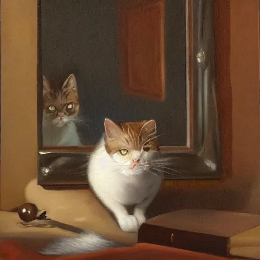 gato delante de un escitorio, een el escritorio hay un espejo, el gato mira a ese espejo y se le ve reflejada su cara, el escritorio tiene lapiceros y utiles de maquillaje.Oil Painting