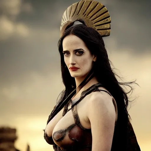 beautiful eva green dressed as a spartan with signs of struggle  