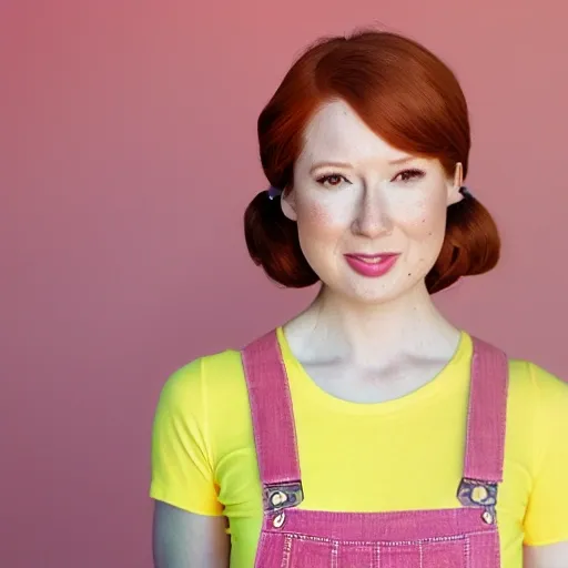 adorkable Ellie Kemper in pink overalls and a tight yellow t-shirt, pigtails, supercute, analog style, modelshoot style, perfect face, perfect brown eyes, detailed and intricate, school background, ((highly detailed skin, 8K UHD, DSLR, high quality, film grain, Fujifilm XT3, hyper-sharp focus))
