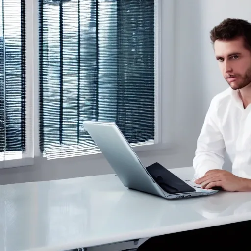 modern office with laptop on a table, manager with white shirt standing bevor window, high resolution, realistic