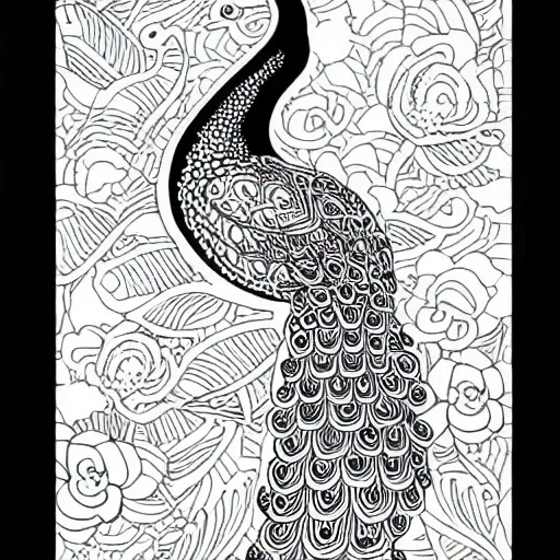 Create a clean line art black and white coloring page for adults featuring a peacock covered with flowers. The image should have no color, no background, and a vivid background. Please ensure the lines are clean and there is no shadow or text. The aspect ratio of the image should be 4:5