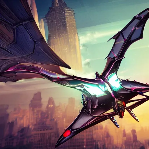 A digital illustration of a batwing flying machine in the sky of gotham city with cogs and mechanisms, 4k, detailed, trending in artstation, fantasy vivid colors
