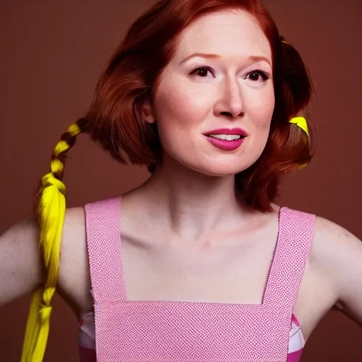 adorable Ellie Kemper in pink overalls and a tight yellow t-shirt, pigtails, supercute, analog style, modelshoot style, perfect face, perfect brown eyes, detailed and intricate, school background, ((highly detailed skin, 8K UHD, DSLR, high quality, film grain, Fujifilm XT3, hyper-sharp focus))
