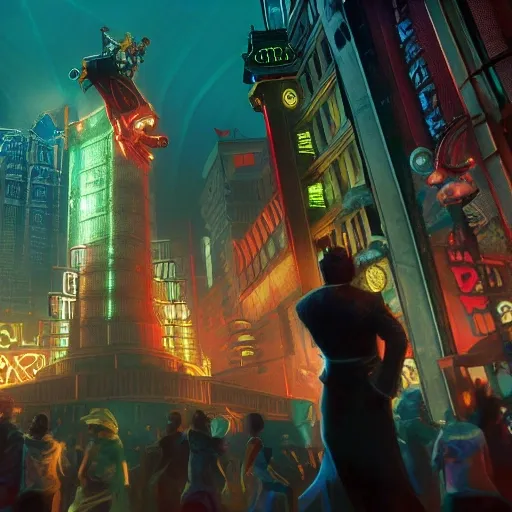 A digital illustration of a rapture city from bioshock games, with big daddies ands spliciers in the background, 4k, detailed, trending in artstation, fantasy vivid colors