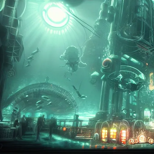A digital illustration of a rapture underwater city from bioshock games, with big daddies ands spliciers in the background, 4k, detailed, trending in artstation, fantasy vivid colors