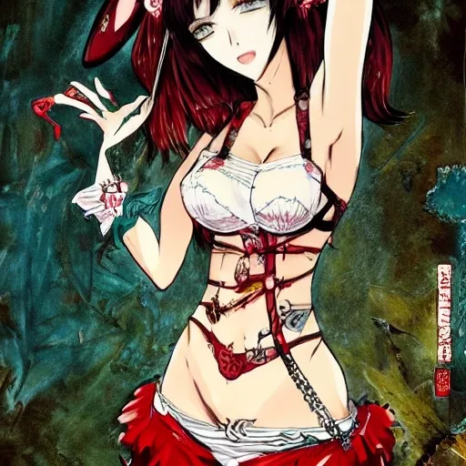 drawn by Jackson Pollock,(anime:1.1),painted in the style of Rococo,1 little girl, ((red_eyes)), (downy bunny ears:1.3),white top, skirt, suspenders, (solo:1.5),(slim waist:1.2),(huge_breasts),