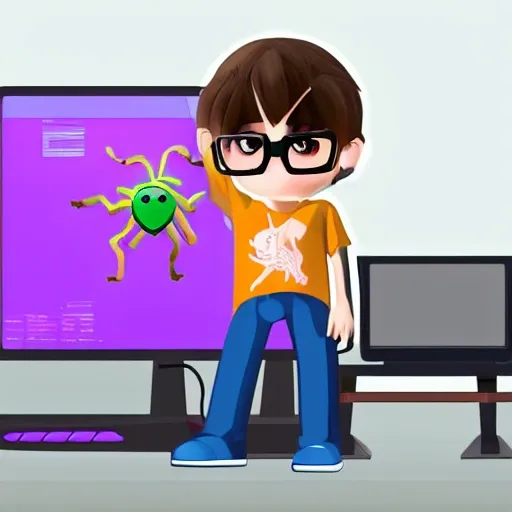 young character with glasses, with a low haircut, with a spider tattoo on his neck and age 19, in front of a computer where fl studio 20 is running., 3D, Water Color