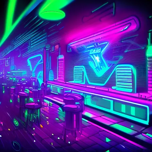 “A digital illustration of a cyberpunk nightclub with neon lights, 4k, detailed, trending in artstation, neon vivid colors”