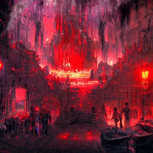 A torture dungeon with disco red lights and a fountain of blood ...