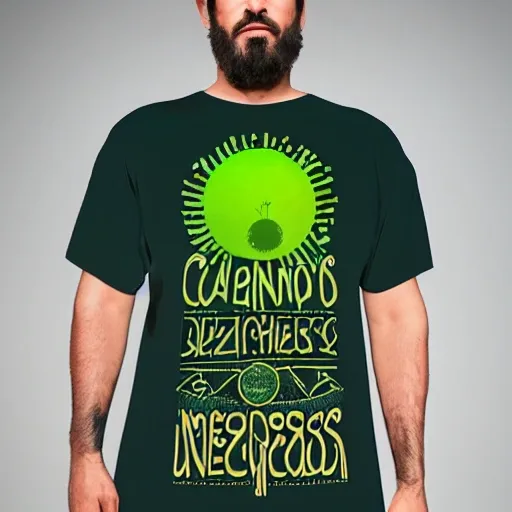 diseño de camiseta oversize con conceptos de cosmos, universo, conciencia humana, dimensión, tiempo, realista, religiones con tonos neones y eléctricos morados, verdes y azules   