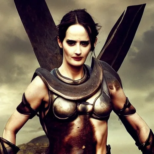 warrior eva green dressed as a spartan with signs of struggle has prosperous breasts and muscular body, ancient greece in the background, huge breasts, looks toward the camera, heavy eyeliner, menacing look