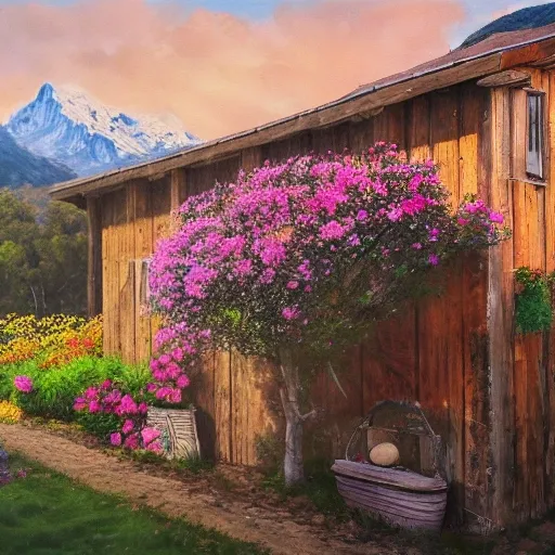 hyper real photo taken with a professional camera of a house with mountains and flowers, Oil Painting