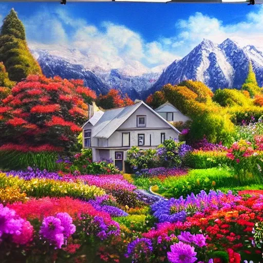 hyper real photo taken with a professional camera of a house with mountains and flowers, Oil Painting, Trippy