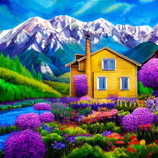 hyper real photo taken with a professional camera of a house with mountains and flowers, Oil Painting, Trippy, Cartoon