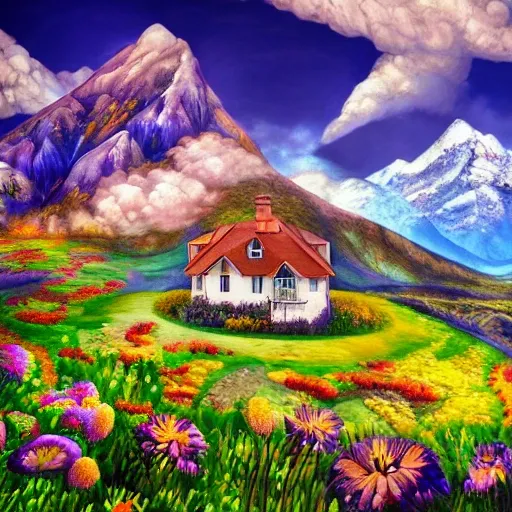 hyper real photo taken with a professional camera of a house with mountains and flowers, Oil Painting, Trippy, Cartoon, 3D