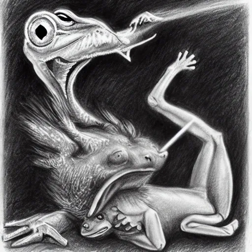 lion and frog fighting, Pencil Sketch. demoniac style - Arthub.ai
