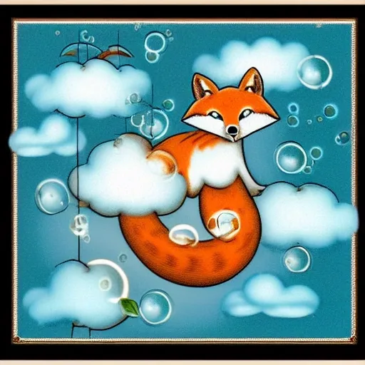 MDJRNY-V4 Style, Fibonacci numbers with sleeping baby fox, ivy, bubbles, cloud, sun, sky