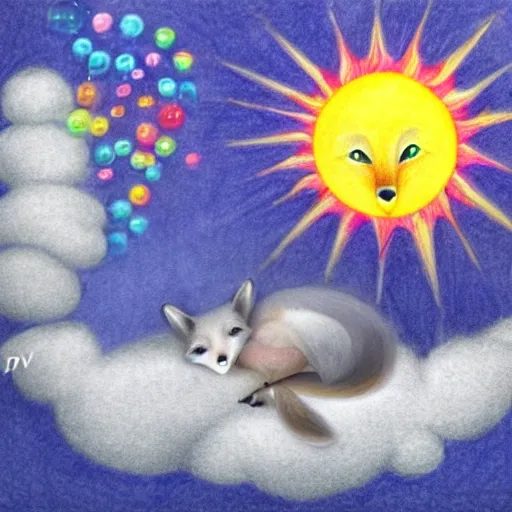 MDJRNY-V4 Style, Fibonacci numbers with sleeping baby fox, ivy, bubbles, cloud, sun, sky, 3D, Pencil Sketch, Cartoon