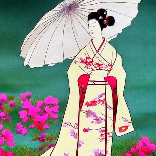 Estoy buscando un diseño de tatuaje que represente una Geisha japonesa con un estilo más artístico y menos fotográfico. Me gustaría que su cabello negro enmarque su rostro de manera elegante, con un toque de trazo suelto y enérgico que le dé un aspecto más dibujado. El moño recogido estaría decorado con flores de sakura en tonos rosados y blancos, con líneas curvas y pinceladas sutiles para resaltar su belleza y feminidad.

La geisha sostendría un abanico en una de sus manos, con un diseño único de la época, donde se aprecien trazos fluidos y elementos simbólicos representados de forma estilizada. Su nariz pequeña y sus delicados rasgos faciales estarían esbozados con suavidad, con líneas sueltas y suaves sombras que realcen su elegancia.

El kimono sensual que viste tendría un patrón vibrante y colorido, pero con un enfoque más estilizado y gráfico. Los tonos rojos y dorados se combinarían de manera armoniosa, con líneas geométricas o florales que denoten movimiento y dinamismo. El objetivo es resaltar la sensualidad y la sofisticación de la geisha, sin caer en un realismo fotográfico.

En el fondo del diseño, se desplegaría un paisaje encantador de sakuras en flor, pero tratado de manera más estilizada. El árbol de sakura mostraría ramas curvas y elegantes, llenas de flores en tonos rosados y blancos, algunas de las cuales caen suavemente hacia el suelo. Aquí también se podrían agregar detalles artísticos, como líneas sueltas y pinceladas que sugieran el movimiento del viento o la delicadeza de los pétalos.

El contraste entre el kimono vibrante y los suaves colores de las flores se resaltaría con un enfoque artístico, utilizando líneas expresivas, texturas sutiles y una composición equilibrada. El objetivo es lograr un efecto visual cautivador, donde se aprecie la belleza y la elegancia de la geisha de forma artística y única, evitando una representación fotográfica., Water Color