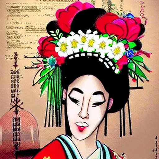 Estoy buscando un diseño de tatuaje que represente una Geisha japonesa con un estilo más artístico y menos fotográfico. Me gustaría que su cabello negro enmarque su rostro de manera elegante, con un toque de trazo suelto y enérgico que le dé un aspecto más dibujado. El moño recogido estaría decorado con flores de sakura en tonos rosados y blancos, con líneas curvas y pinceladas sutiles para resaltar su belleza y feminidad.

La geisha sostendría un abanico en una de sus manos, con un diseño único de la época, donde se aprecien trazos fluidos y elementos simbólicos representados de forma estilizada. Su nariz pequeña y sus delicados rasgos faciales estarían esbozados con suavidad, con líneas sueltas y suaves sombras que realcen su elegancia.

El kimono sensual que viste tendría un patrón vibrante y colorido, pero con un enfoque más estilizado y gráfico. Los tonos rojos y dorados se combinarían de manera armoniosa, con líneas geométricas o florales que denoten movimiento y dinamismo. El objetivo es resaltar la sensualidad y la sofisticación de la geisha, sin caer en un realismo fotográfico.

En el fondo del diseño, se desplegaría un paisaje encantador de sakuras en flor, pero tratado de manera más estilizada. El árbol de sakura mostraría ramas curvas y elegantes, llenas de flores en tonos rosados y blancos, algunas de las cuales caen suavemente hacia el suelo. Aquí también se podrían agregar detalles artísticos, como líneas sueltas y pinceladas que sugieran el movimiento del viento o la delicadeza de los pétalos.

El contraste entre el kimono vibrante y los suaves colores de las flores se resaltaría con un enfoque artístico, utilizando líneas expresivas, texturas sutiles y una composición equilibrada. El objetivo es lograr un efecto visual cautivador, donde se aprecie la belleza y la elegancia de la geisha de forma artística y única, evitando una representación fotográfica.