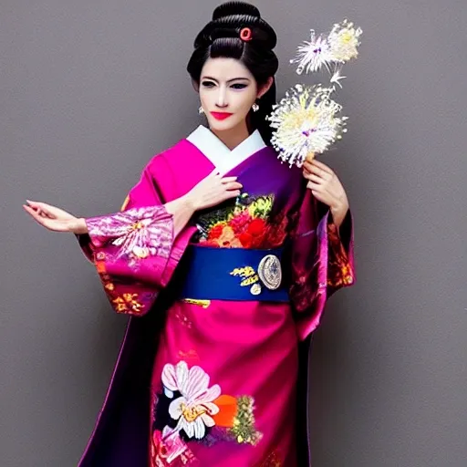 Estoy buscando un diseño de tatuaje que represente una Geisha japonesa con un estilo más artístico y menos fotográfico. Me gustaría que su cabello negro enmarque su rostro de manera elegante, con un toque de trazo suelto y enérgico que le dé un aspecto más dibujado. El moño recogido estaría decorado con flores de sakura en tonos rosados y blancos, con líneas curvas y pinceladas sutiles para resaltar su belleza y feminidad.

La geisha sostendría un abanico en una de sus manos, con un diseño único de la época, donde se aprecien trazos fluidos y elementos simbólicos representados de forma estilizada. Su nariz pequeña y sus delicados rasgos faciales estarían esbozados con suavidad, con líneas sueltas y suaves sombras que realcen su elegancia.

El kimono sensual que viste tendría un patrón vibrante y colorido, pero con un enfoque más estilizado y gráfico. Los tonos rojos y dorados se combinarían de manera armoniosa, con líneas geométricas o florales que denoten movimiento y dinamismo. El objetivo es resaltar la sensualidad y la sofisticación de la geisha, sin caer en un realismo fotográfico.

En el fondo del diseño, se desplegaría un paisaje encantador de sakuras en flor, pero tratado de manera más estilizada. El árbol de sakura mostraría ramas curvas y elegantes, llenas de flores en tonos rosados y blancos, algunas de las cuales caen suavemente hacia el suelo. Aquí también se podrían agregar detalles artísticos, como líneas sueltas y pinceladas que sugieran el movimiento del viento o la delicadeza de los pétalos.

El contraste entre el kimono vibrante y los suaves colores de las flores se resaltaría con un enfoque artístico, utilizando líneas expresivas, texturas sutiles y una composición equilibrada. El objetivo es lograr un efecto visual cautivador, donde se aprecie la belleza y la elegancia de la geisha de forma artística y única, evitando una representación fotográfica.