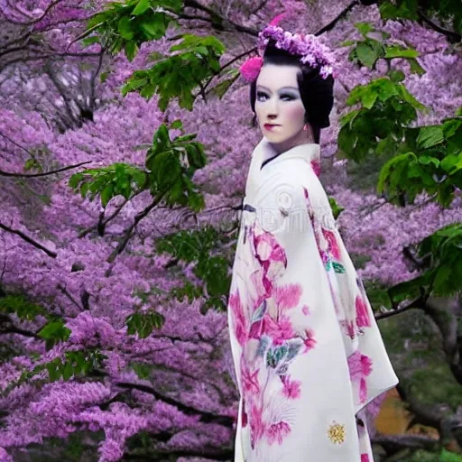 Estoy buscando un diseño de tatuaje que represente una Geisha japonesa con un estilo más artístico y menos fotográfico. Me gustaría que su cabello negro enmarque su rostro de manera elegante, con un toque de trazo suelto y enérgico que le dé un aspecto más dibujado. El moño recogido estaría decorado con flores de sakura en tonos rosados y blancos, con líneas curvas y pinceladas sutiles para resaltar su belleza y feminidad.

La geisha sostendría un abanico en una de sus manos, con un diseño único de la época, donde se aprecien trazos fluidos y elementos simbólicos representados de forma estilizada. Su nariz pequeña y sus delicados rasgos faciales estarían esbozados con suavidad, con líneas sueltas y suaves sombras que realcen su elegancia.

El kimono sensual que viste tendría un patrón vibrante y colorido, pero con un enfoque más estilizado y gráfico. Los tonos rojos y dorados se combinarían de manera armoniosa, con líneas geométricas o florales que denoten movimiento y dinamismo. El objetivo es resaltar la sensualidad y la sofisticación de la geisha, sin caer en un realismo fotográfico.

En el fondo del diseño, se desplegaría un paisaje encantador de sakuras en flor, pero tratado de manera más estilizada. El árbol de sakura mostraría ramas curvas y elegantes, llenas de flores en tonos rosados y blancos, algunas de las cuales caen suavemente hacia el suelo. Aquí también se podrían agregar detalles artísticos, como líneas sueltas y pinceladas que sugieran el movimiento del viento o la delicadeza de los pétalos.

El contraste entre el kimono vibrante y los suaves colores de las flores se resaltaría con un enfoque artístico, utilizando líneas expresivas, texturas sutiles y una composición equilibrada. El objetivo es lograr un efecto visual cautivador, donde se aprecie la belleza y la elegancia de la geisha de forma artística y única, evitando una representación fotográfica.