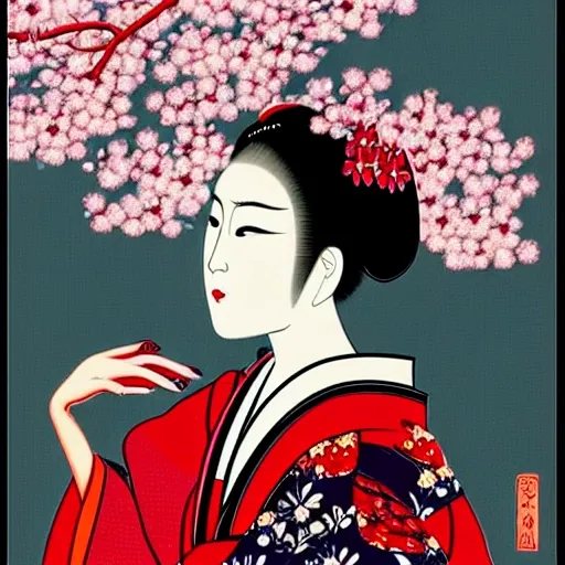 I am looking for a tattoo design that represents a Japanese Geisha with a more artistic and less photographic style. I would like her black hair to frame her face in an elegant way, with a touch of loose and energetic strokes that give it a more drawn appearance. The gathered bun would be adorned with sakura flowers in shades of pink and white, with curved lines and subtle brushstrokes to enhance her beauty and femininity.

The Geisha would hold a fan in one of her hands, featuring a unique design from that era, where fluid strokes and symbolic elements are depicted in a stylized manner. Her small nose and delicate facial features would be softly sketched, with loose lines and gentle shadows to accentuate her elegance.

The sensual kimono she wears would have a vibrant and colorful pattern, but with a more stylized and graphic approach. The red and gold tones would harmoniously combine, with geometric or floral lines that convey movement and dynamism. The aim is to highlight the sensuality and sophistication of the Geisha, without resorting to photographic realism.

In the background of the design, a delightful landscape of blooming sakura would unfold, but treated in a more stylized manner. The sakura tree would display graceful and curved branches, filled with pink and white flowers, some of which gently fall to the ground. Artistic details could also be added here, such as loose lines and brushstrokes suggesting the movement of the wind or the delicacy of the petals.

The contrast between the vibrant kimono and the soft colors of the flowers would be emphasized with an artistic approach, using expressive lines, subtle textures, and a balanced composition. The goal is to achieve a captivating visual effect, where the beauty and elegance of the Geisha are artistically and uniquely appreciated, avoiding a photographic representation