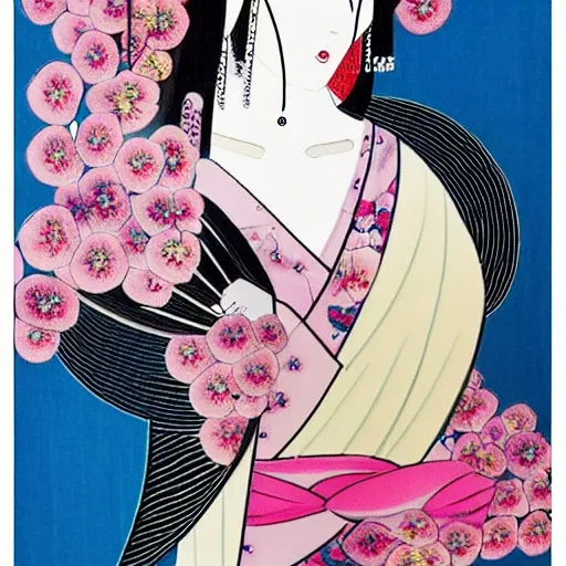 I am looking for a tattoo design that represents a Japanese Geisha with a more artistic and less photographic style. I would like her black hair to frame her face in an elegant way, with a touch of loose and energetic strokes that give it a more drawn appearance. The gathered bun would be adorned with sakura flowers in shades of pink and white, with curved lines and subtle brushstrokes to enhance her beauty and femininity.

The Geisha would hold a fan in one of her hands, featuring a unique design from that era, where fluid strokes and symbolic elements are depicted in a stylized manner. Her small nose and delicate facial features would be softly sketched, with loose lines and gentle shadows to accentuate her elegance.

The sensual kimono she wears would have a vibrant and colorful pattern, but with a more stylized and graphic approach. The red and gold tones would harmoniously combine, with geometric or floral lines that convey movement and dynamism. The aim is to highlight the sensuality and sophistication of the Geisha, without resorting to photographic realism.

In the background of the design, a delightful landscape of blooming sakura would unfold, but treated in a more stylized manner. The sakura tree would display graceful and curved branches, filled with pink and white flowers, some of which gently fall to the ground. Artistic details could also be added here, such as loose lines and brushstrokes suggesting the movement of the wind or the delicacy of the petals.

The contrast between the vibrant kimono and the soft colors of the flowers would be emphasized with an artistic approach, using expressive lines, subtle textures, and a balanced composition. The goal is to achieve a captivating visual effect, where the beauty and elegance of the Geisha are artistically and uniquely appreciated, avoiding a photographic representation